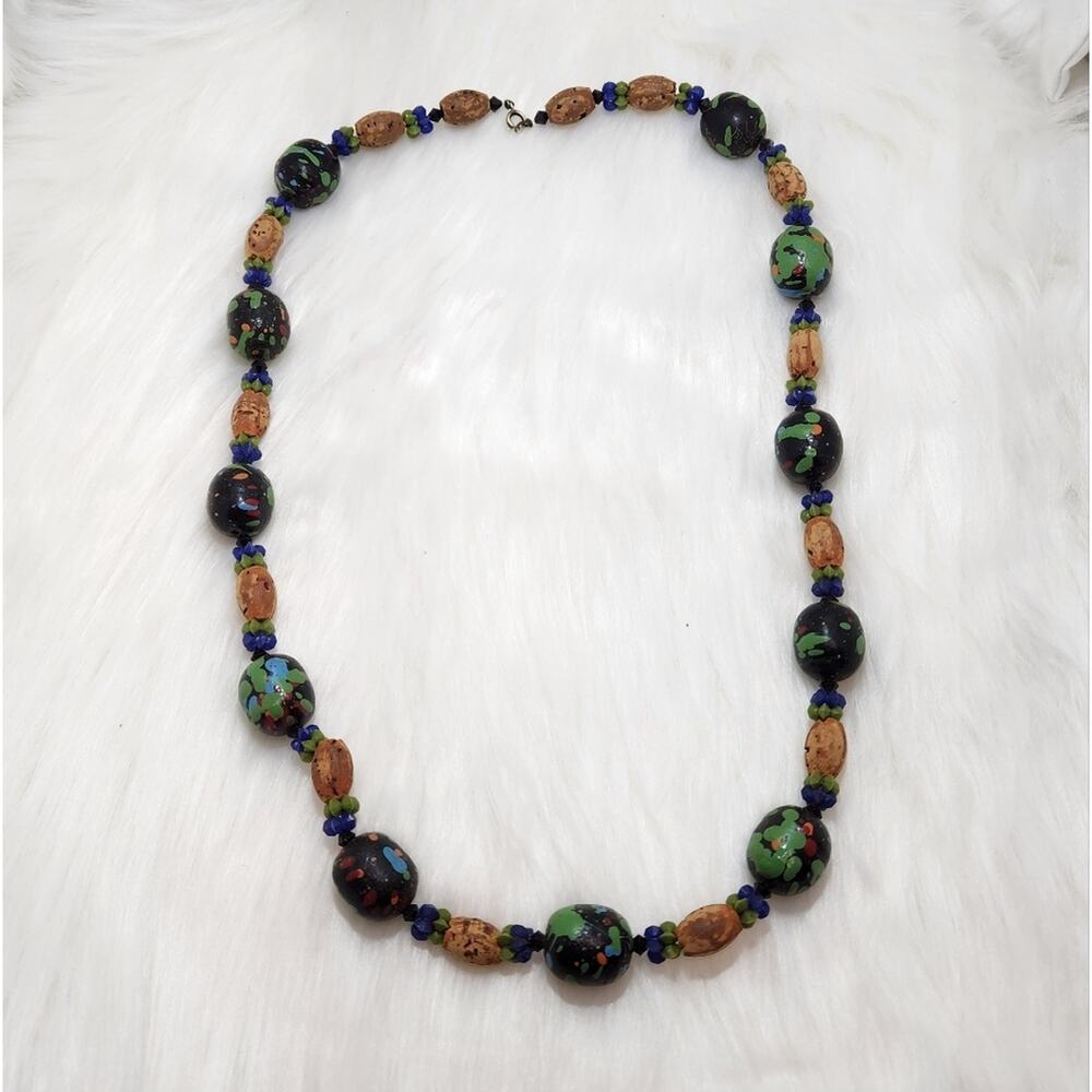 Hand-Painted Cork Beaded Necklace | Rustic Green & Brown Beads